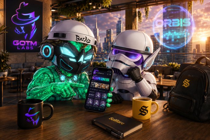 A digital illustration of two armored futuristic characters (one green, one white) sitting at a table with a phone displaying the 'ORBIS' app, with 'GOTM LABS' branding visible in the background.
