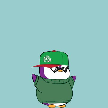 The image features a cartoon penguin wearing a green sweater, a red hat with a white logo, and sunglasses. The penguin appears to be dancing or standing still against a blue background. The caption of the image reads "If I'm gonna own ETH I prefer to do it in Lil Pudgy's." This suggests that the penguin is associated with the character Lil Pudgy from the video game Lil Pudgey.