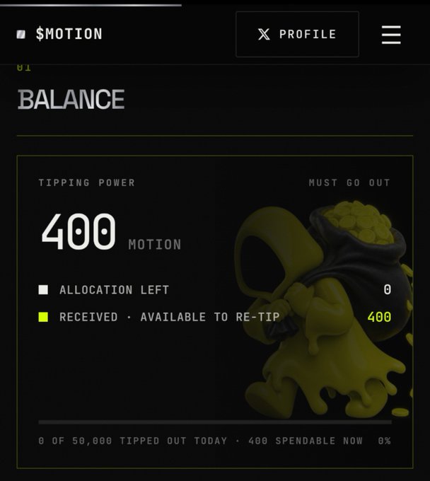 A dark-themed digital wallet or app interface showing a '$MOTION' balance of '400 MOTION' tipping power, with a stylized green figure illustration carrying a bag of coins.