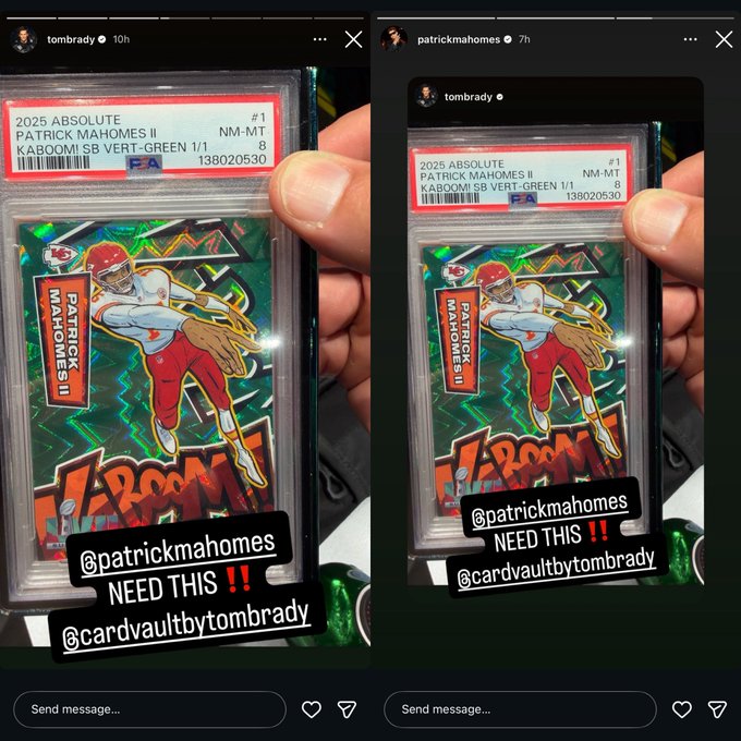 The image displays two different views of a KBOOM Gold card from Patrick Mahomes' Twitter account. The main text reads "Same day I sold two jpeg Kaboom Gold cards for $270k, Brady was posting about Kaboom Green 1/1 on IG story, and Mahomes reposted it." The two main images within the post are a hand holding up a KBOOM Gold card to display its artwork in a side view. There is also an additional image of a person's hand holding another KBOOM Gold card, which could be a different description or version of the same item.