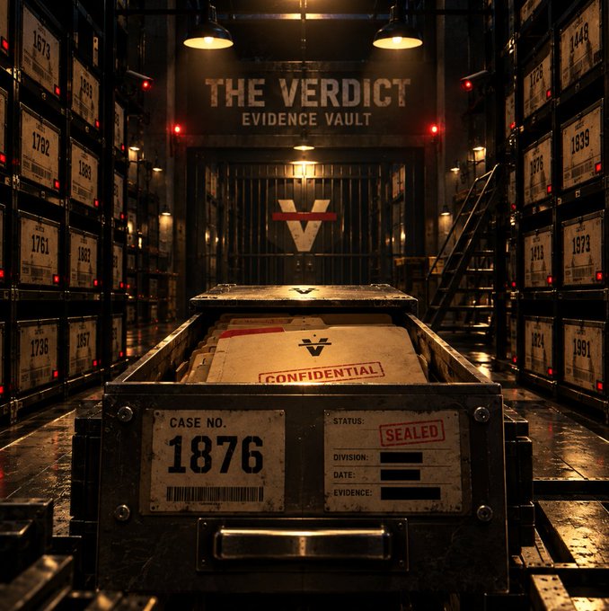 A dark, atmospheric 3D rendering of an evidence vault called 'THE VERDICT', featuring a metal drawer labeled 'CASE NO. 1876' with a 'SEALED' status, and numerous labeled evidence boxes lining the walls.