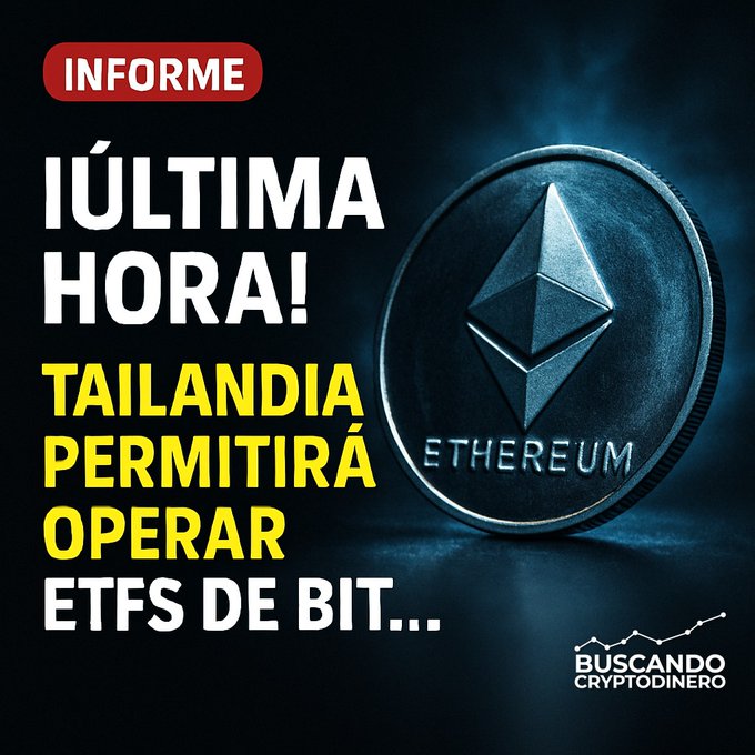 A Spanish-language crypto news graphic with the headline '¡ÚLTIMA HORA! TAILANDIA PERMITIRÁ OPERAR ETFS DE BIT...' alongside an image of an Ethereum coin, branded 'BUSCANDO CRYPTODINERO'.