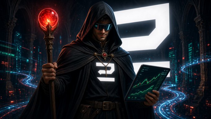 A hooded figure wearing futuristic sunglasses holding a glowing red orb-topped staff in one hand and a tablet displaying green stock charts in the other, with a large stylized 'D' logo in the background amid a cyberpunk cityscape.