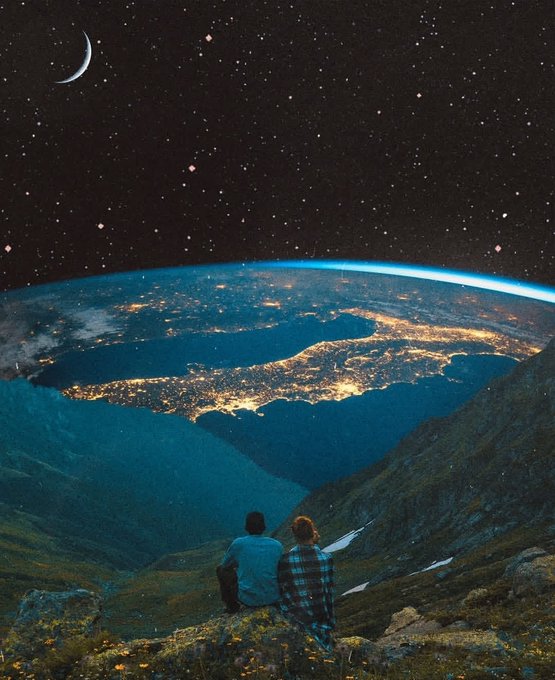 A surreal scene of a couple sitting on a mountainside looking out over Earth from space, with a starry sky and crescent moon above.