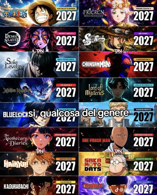 The image is a collage of popular anime titles—including One Piece, Frieren: Beyond Journey's End, Demon Slayer, Solo Leveling, Chainsaw Man, Jujutsu Kaisen, Lord of Mysteries, Dandadan, One Punch Man, Apothecary Diaries, Haikyuu!!, Sakamoto Days, Kagurabachi, and Mashle—all marked with "2027" release dates, paired with the post's caption joking that while others invest in "web3" for 2027, the user's 2027 is all about these highly anticipated anime continuations and premieres.