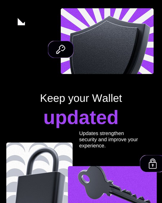A graphic design with a black background and purple accents promoting wallet updates, displaying "Keep your Wallet updated" and "Updates strengthen security and improve your experience," alongside illustrations of a shield, padlock, and key.