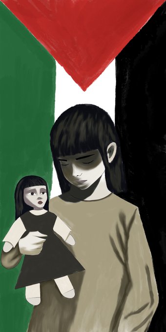 An illustration showing a sad-looking girl with long dark hair holding a doll, set against a background resembling the Palestinian flag in green, white, and black with a red triangle.