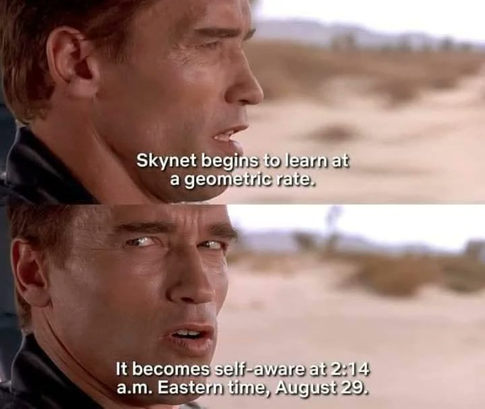 Arnold Schwarzenegger as the Terminator warns that "Skynet begins to learn at a geometric rate. It becomes self-aware at 2:14 a.m. Eastern time, August 29," referencing the AI from the Terminator films — fitting given the post's wordplay linking "Akash" (meaning "Sky") to "Skynet" for Akash Network day.