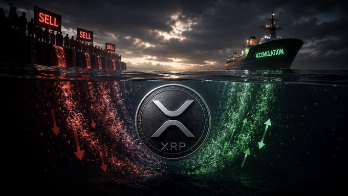 A dramatic split-scene image showing red 'SELL' signals and crowds on the left, contrasted with a ship labeled 'ACCUMULATION' on the right, both reflected underwater around a central XRP coin logo.