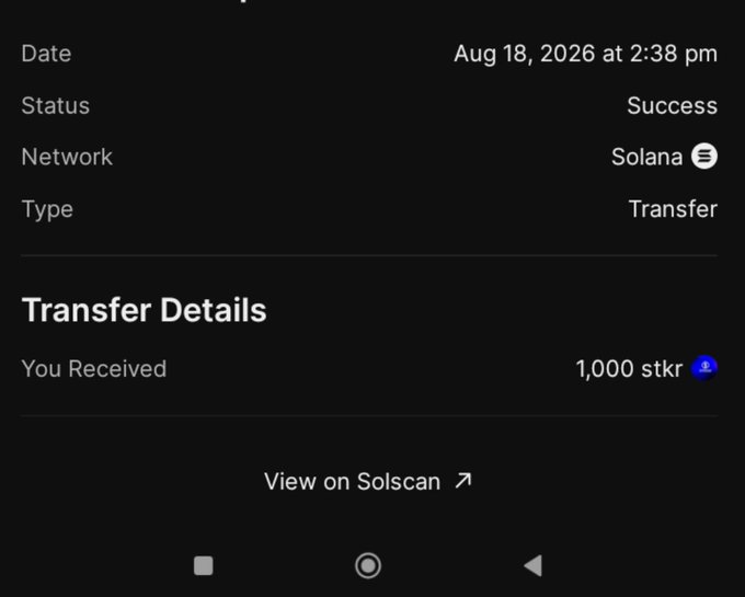 A mobile screen showing a successful transfer of '1,000 stkr' on the Solana network on Aug 18, 2026, with a link to 'View on Solscan'.