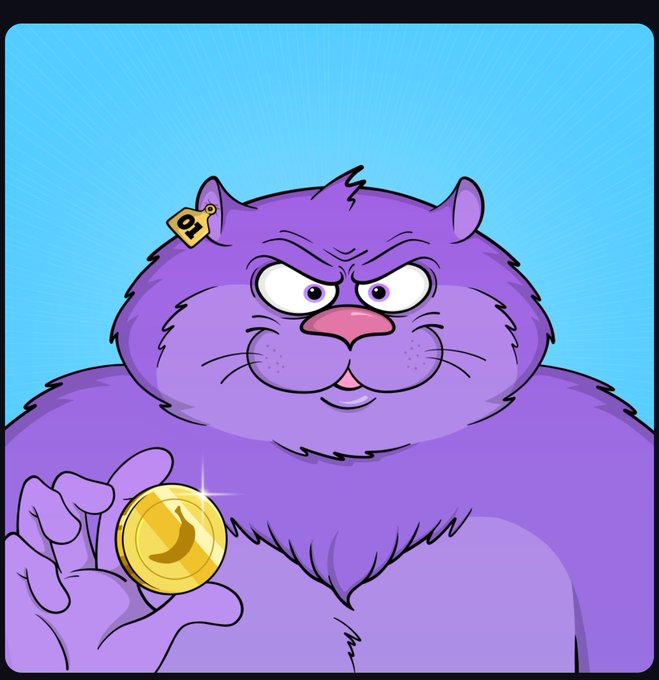 A cartoon-style illustration of a large purple cat with a grumpy expression, holding a gold coin with a crescent moon symbol, with a yellow tag on its ear reading "01."