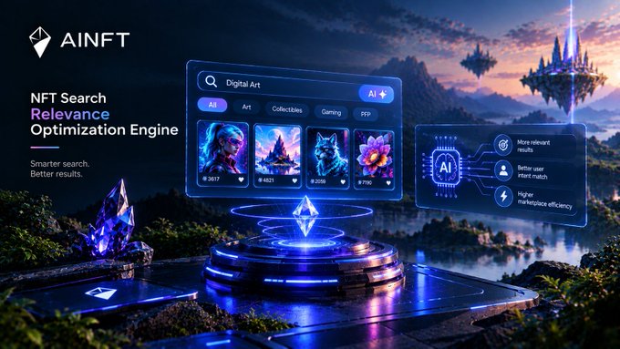 A futuristic promotional graphic for 'AINFT' featuring their 'NFT Search Relevance Optimization Engine' with various digital art thumbnails.