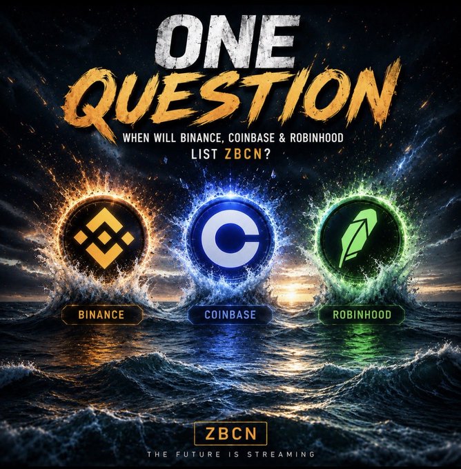 Promotional graphic titled 'ONE QUESTION' asking 'When will Binance, Coinbase & Robinhood list ZBCN?', showing the three exchanges' logos as glowing orbs with the tagline 'The future is streaming.'