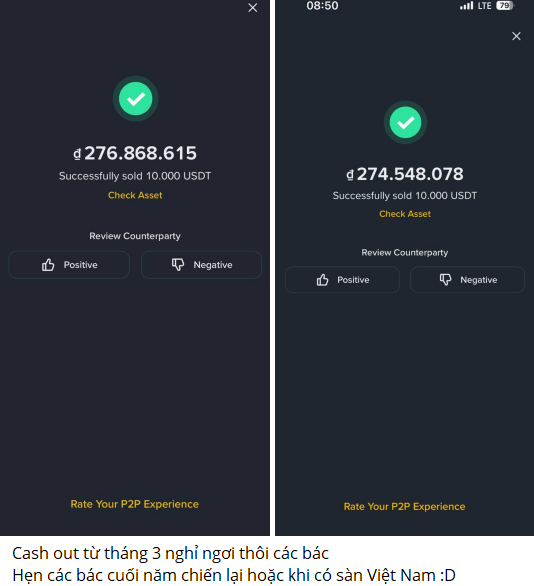 Two P2P transaction screenshots showing successful sales of 10,000 USDT each for ฿276,868.615 and ฿274,548.078, with Vietnamese caption about cashing out and hoping for Vietnam's market recovery.