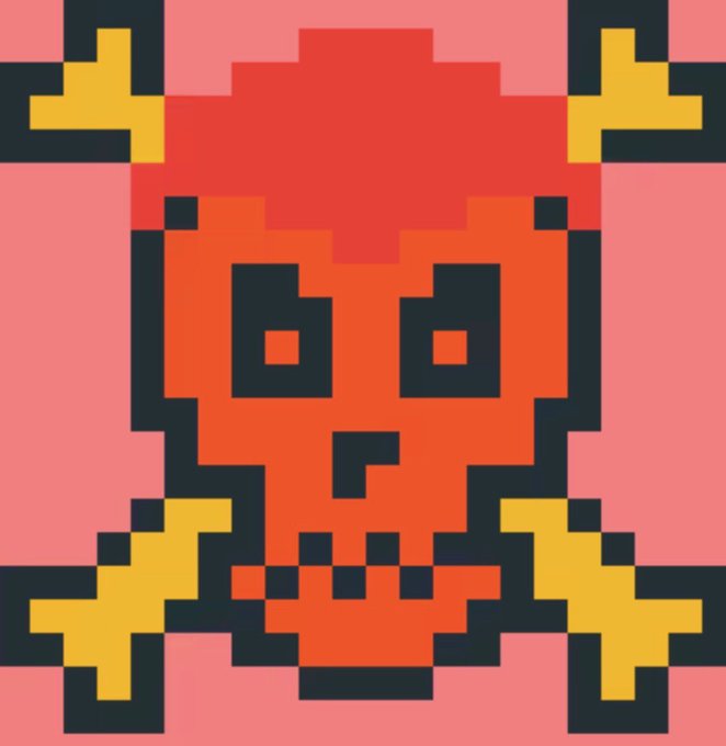 A pixel art illustration of a red skull and crossbones against a light pink background, featuring large, hollow black eye sockets and yellow bones.