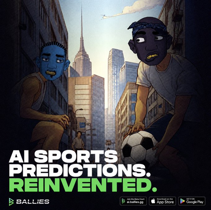 An advertisement for 'BALLIES' app featuring cartoon characters in a city street with a soccer ball, promoting 'AI SPORTS PREDICTIONS. REINVENTED.' with App Store and Google Play badges.