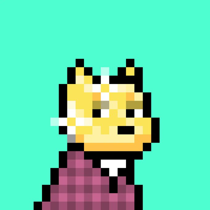 A pixel art illustration of a yellow cat character with green eyes wearing a pink/magenta shirt, set against a turquoise background.