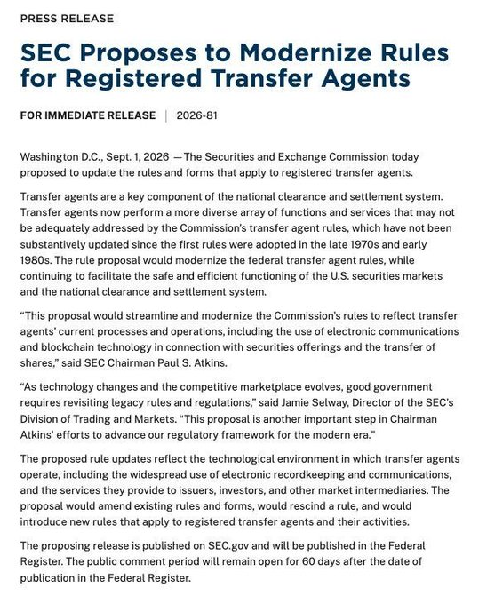 The image is an SEC press release (2026-81) announcing a proposal to modernize rules for registered transfer agents, with SEC Chairman Paul S. Atkins and Director Jamie Selway quoted discussing updates to reflect electronic communications and blockchain technology—aligning with the post's claim about moving stock ownership records onto the blockchain.