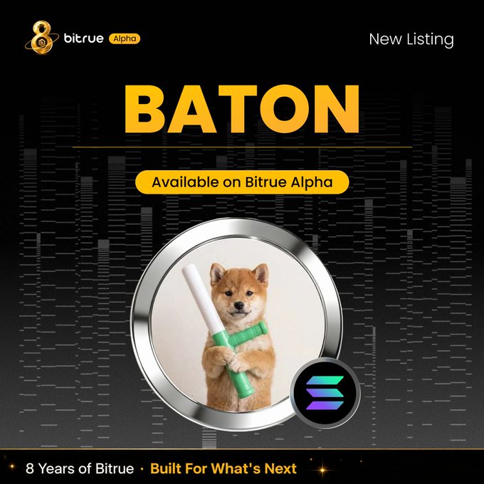 Bitrue Alpha cryptocurrency exchange promotional graphic announcing a new listing for "BATON" token, featuring a Shiba Inu dog holding a baton, with text 'New Listing', 'Available on Bitrue Alpha', and '8 Years of Bitrue - Built For What's Next'.