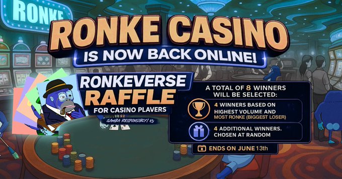 The image features a poster for RONKE CASSINO, which is promoting its online poker game. The poster includes a cartoon character dressed as a bartender, suggesting that the game could be played at bars or similar venues. It also displays text about the game's prizes and how to enter the raffle. The post encourages people to participate in the raffle by providing details on how to enter and what they need to do.
