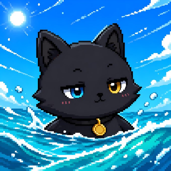 The image features a black cat with blue eyes swimming in water surrounded by bubbles. The cat appears to be wearing a collar and has an AI model attached to its neck, which could potentially be used as a smart contract for various purposes such as analyzing data or making decisions based on certain conditions.