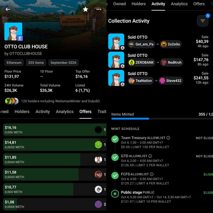 Screenshot of an NFT collection page for 'OTTO CLUB HOUSE' by OTTOCLUBHOUSE on Ethereum, showing 355 items, a floor price of $131.97, 24H volume of $26.3K, recent sales of OTTO NFTs, and a mint schedule.