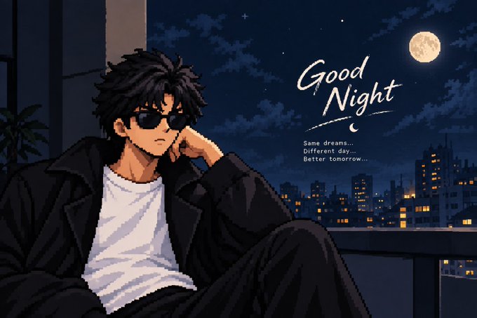 An anime-style illustration of a young man with messy black hair and sunglasses sitting by a window at night, with 'Good Night' text and the phrase 'Same dreams... Different day...' displayed beside him.