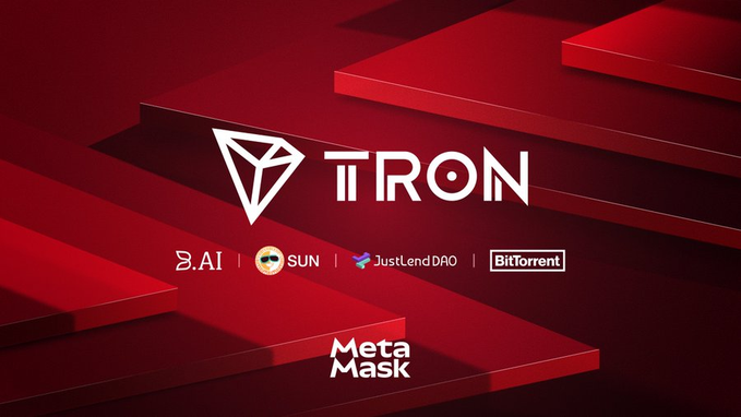 A red promotional graphic for TRON featuring its logo and partnerships with S.AI, SUN, JustLendDAO, BitTorrent, and MetaMask.