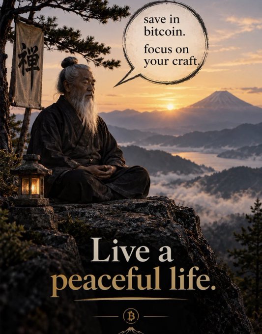 An advertisement shows an elderly meditating monk with a long white beard overlooking misty mountains and Mount Fuji at sunset, with text reading 'save in bitcoin. focus on your craft.' and 'Live a peaceful life.'