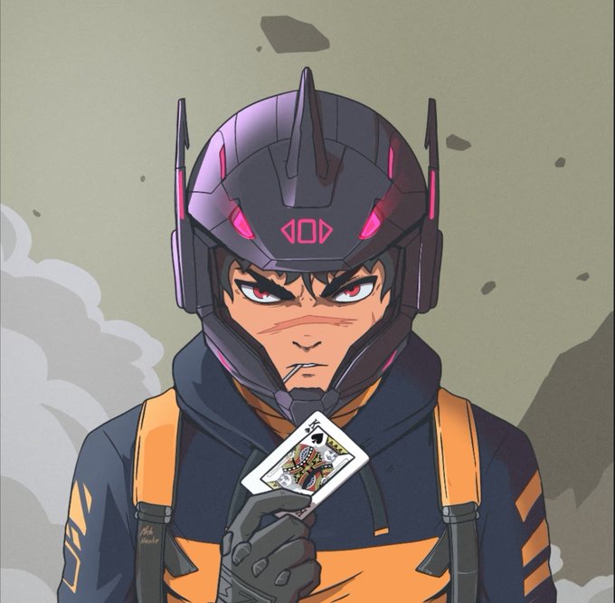 Anime-style character in a futuristic dark helmet with pink accents and an orange vest, holding a playing card (Jack of Spades).