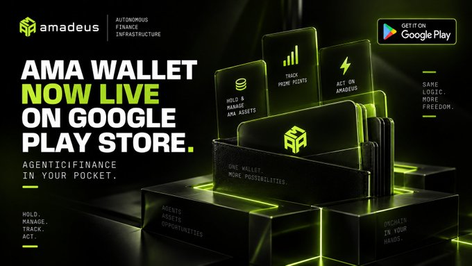A promotional graphic for "amadeus" announcing "AMA WALLET NOW LIVE ON GOOGLE PLAY STORE," featuring features like "HOLD & MANAGE AMA ASSETS" and "TRACK PRIME POINTS" on stylized digital cards.