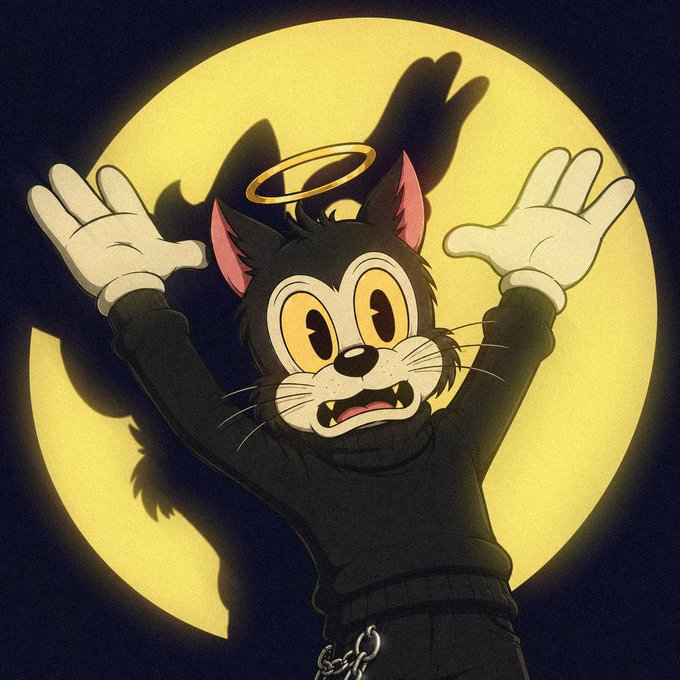 A cartoon cat with a halo and fangs stands dramatically in front of a full moon with its arms outstretched, echoing the post's playful threat that viewers must "Say Happy TOONZDAY" or face the consequences.