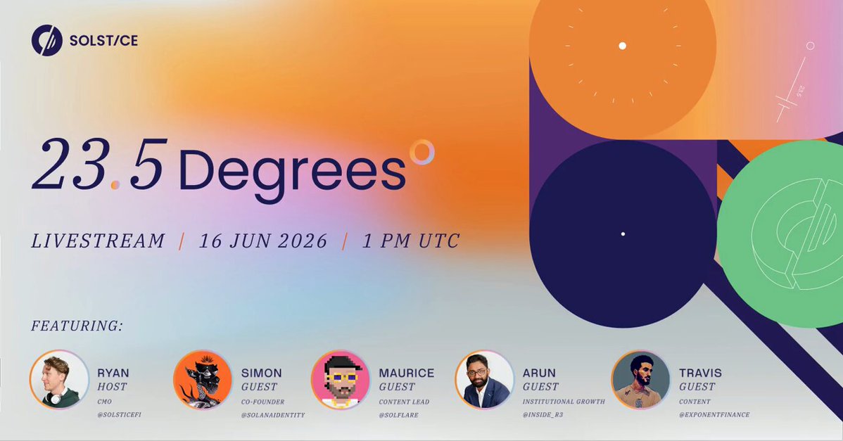 The image features a poster for Solstice Live stream that has a date of 16 June 2026 at 1 PM UTC with an opening time of 6 PM to 7 PM. The theme of the event is related to the launch of SpaceX's IPO on Solana, and there are various speakers featured. These include Ryan Day, Simon Molitor, Mauricio Doty, Brian Kochen, Arin, Travis D'Alessio, and several others who will be discussing this significant milestone in space exploration history.