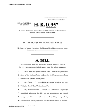 The image shows the first page of "H.R.10357" (117th Congress, 1st Session), a bill in the House of Representatives titled the "Digital Asset Tax Certainty Act," which relates to the accompanying post about the House Ways and Means Committee's crypto tax package addressing digital asset taxation but omitting mining and staking reward provisions.