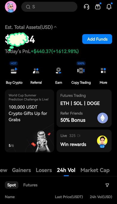 A mobile screenshot of an HTX crypto exchange dashboard displays an estimated total asset value of $84 with today's PNL at +$440.37 (+1612.98%), alongside banners for a World Cup Prediction Challenge offering 100,000 USDT in crypto gifts and a 50% referral bonus for futures trading on ETH, SOL, and DOGE—visually reinforcing the post's claim about HTX's trial bonus opportunities for gaining real futures trading experience.
