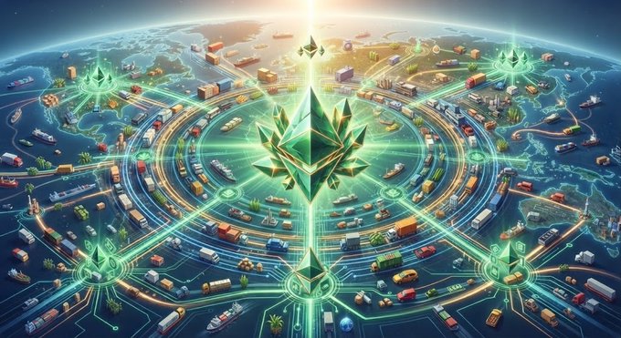 A futuristic digital illustration depicting a glowing green crystalline structure at the center of a circular hub with radiating connections across a globe covered in logistics and infrastructure.