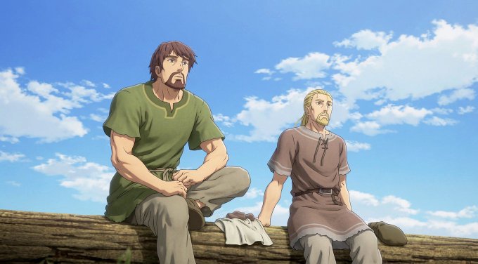 An anime-style illustration shows two bearded men sitting on a wooden log under a blue sky with scattered clouds. The man on the left wears a green tunic, while the man on the right wears a brown tunic and has blonde hair.