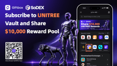 A promotional graphic advertises a SoDEX x Unitree subscription campaign featuring a $10,000 reward pool, with an illustration of a Unitree robotic dog and humanoid robot alongside a smartphone displaying the SoDEX app interface and a QR code for quick access. The image visually reinforces the post's instructions to subscribe to the UNITREE Vault via the QuestHub link on mobile to qualify for the prize pool.