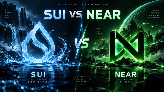 A stylized promotional graphic titled 'SUI vs NEAR' comparing two cryptocurrency logos — a blue water-droplet SUI symbol on the left and a green NEAR symbol on the right — with slogans like 'DIFFERENT PATHS, A BIGGER TOMORROW' and 'SUI BUILDS FLOW vs NEAR POWERS PEOPLE'.