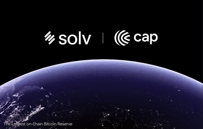 The image features a planet with a black background and white text that reads "Solv" and "Cap App", along with the words "chain Bitcoin Reserve" below them. The caption at the bottom of the image states, "Proud to be powering @CapApp's strong growth as their partner!".