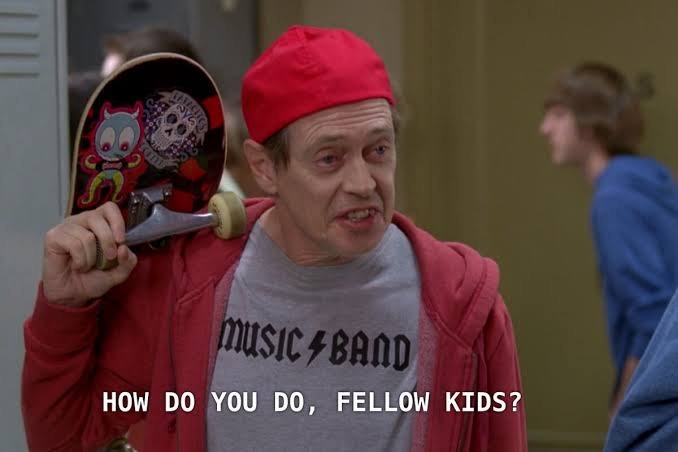A screenshot from the TV show "The White Lotus" features Steve Zahn's character wearing a red cap and a "Music Band" shirt, holding a skateboard with the caption "HOW DO YOU DO, FELLOW KIDS?"