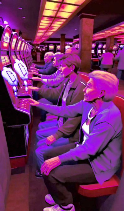 An elderly woman and other patrons sit at slot machines inside a casino illuminated by vibrant pink and purple neon lighting.