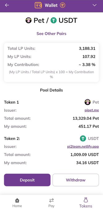 A cryptocurrency wallet app screen shows a Pet/USDT liquidity pool with Deposit and Withdraw options.