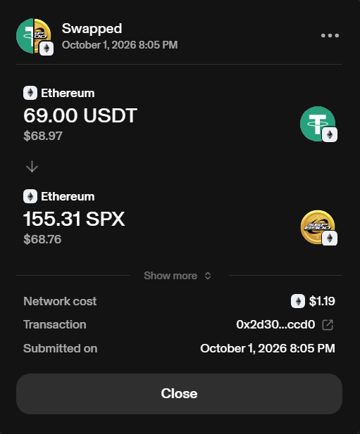 A cryptocurrency swap confirmation screen dated October 1, 2026 shows exchanging 69.00 USDT for 155.31 SPX on Ethereum, with a network cost of $1.19.