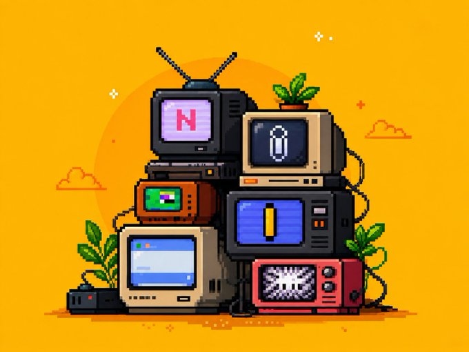 A pixel art illustration displays a stack of vintage retro televisions and a computer monitor on an orange background.