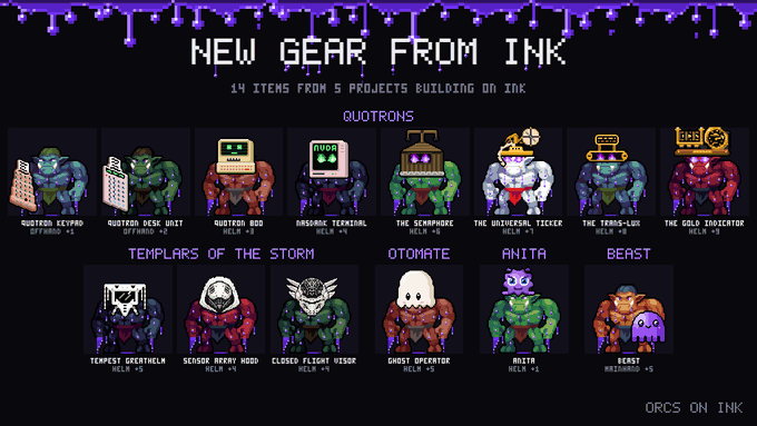 A pixel art graphic titled 'NEW GEAR FROM INK' showcasing 14 items from 5 projects including QUOTRONS, TEMPLARS OF THE STORM, OTOMATE, ANITA, and BEAST, with the tagline 'ORCS ON INK' at the bottom.
