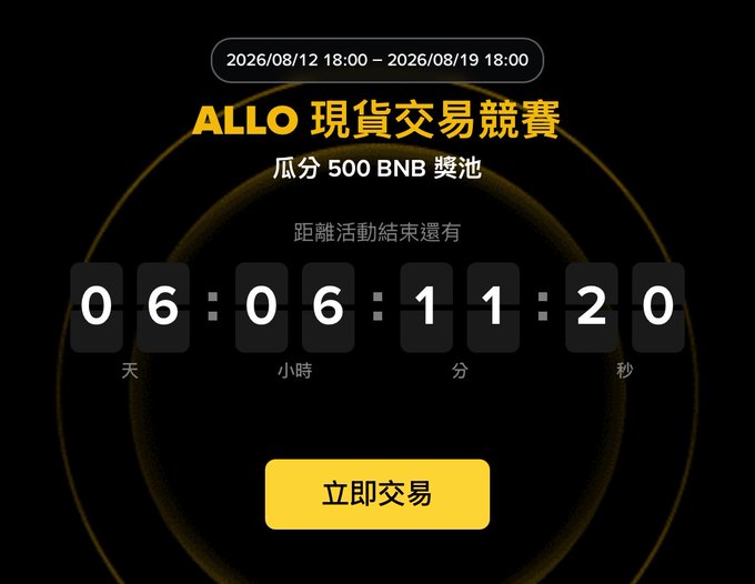 A black countdown screen for an 'ALLO 現貨交易競賽' shows a 500 BNB prize pool, with a timer displaying '06:06:11:20' remaining and a '立即交易' button.