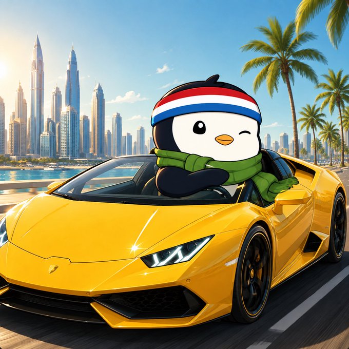 A cheerful cartoon penguin wearing a red, white, and blue headband and green scarf drives a yellow Lamborghini along a sunlit coastal road lined with palm trees and a futuristic skyline, visually embodying the post's bullish crypto optimism as $BTC and $SOL push higher.