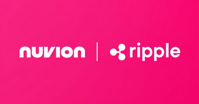 A vibrant pink graphic displays the "nuvion" and "ripple" logos separated by a vertical line, visually representing the integration of Nuvion with Ripple's USD (RLUSD) stablecoin to enhance global payment infrastructure.
