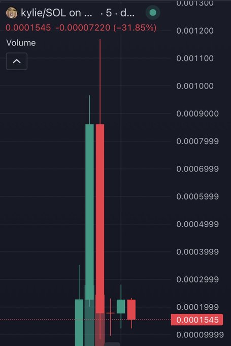 A candlestick chart for the token "kylie/SOL" shows a dramatic 5-day performance down 31.85% to 0.0001545, with an initial spike followed by a steep red sell-off—visually reinforcing the warning against investing in celebrity-backed meme coins.